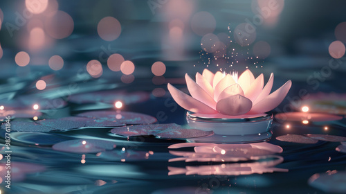 Cosmetic product mockup displayed on a floating, bioluminescent lotus flower, with the packaging emitting a soft, calming glow photo