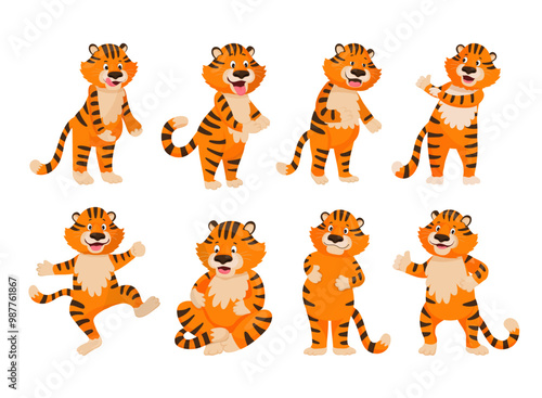 Cute tiger in multiple playful poses and expressions