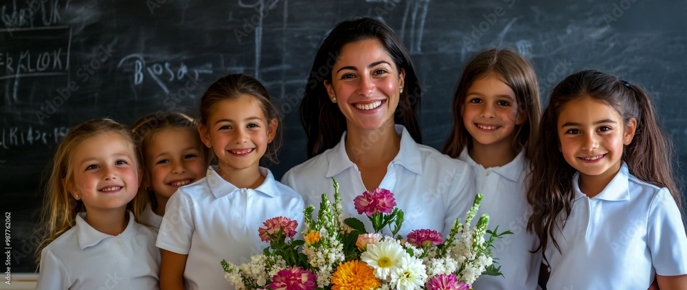 A female teacher and smiling children in front of a blackboard, celebrating a birthday with a bouquet of flowers. A female teacher and smiling children in front of a blackboard, celebrating a birthday with a bouquet of flowers.