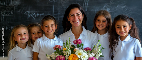 A female teacher and smiling children in front of a blackboard, celebrating a birthday with a bouquet of flowers. photo