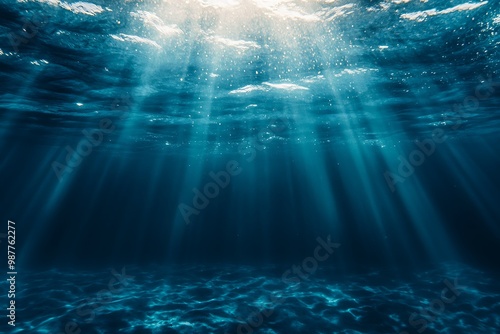 Sunbeams Shining Through Dark Blue Ocean Water