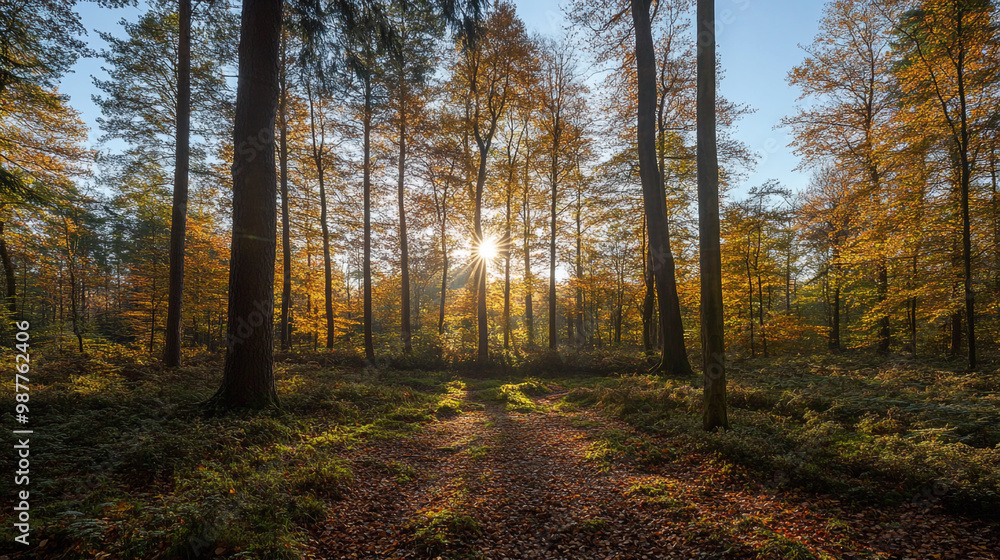 Obraz premium Sunlight Filtering Through Tall Trees in a Forest Path, fabulous places. fantasies. fabulous nature. A wonderful world