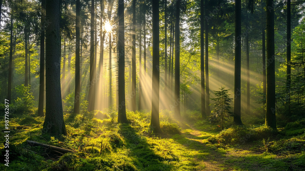 Fototapeta premium Golden sunlight illuminates a misty forest path, A serene forest scene at sunrise with tall trees and lush greenery.
