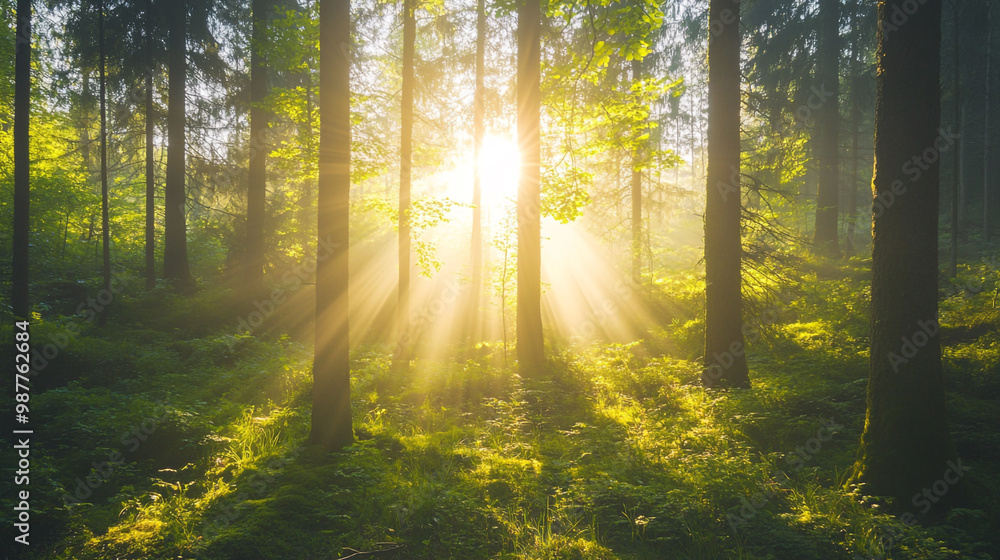 Obraz premium Golden sunlight illuminates a misty forest path, A serene forest scene at sunrise with tall trees and lush greenery.