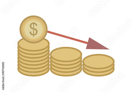 Gráfico de pilas de moneda doradas en disminución por crisis