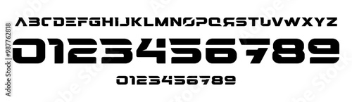 Futuristic block typography, angular numbers and letters design, bold geometric font for tech, automotive logos, sports branding, jersey numbers, team merchandise. Vector typeset