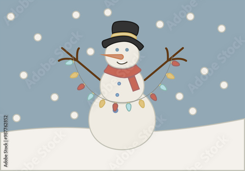 Muñeco de nieve con luces de navidad y sombrero