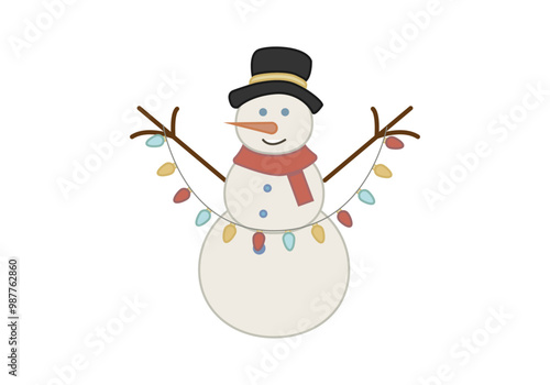 Muñeco de nieve con sombrero, bufanda y luces de navidad