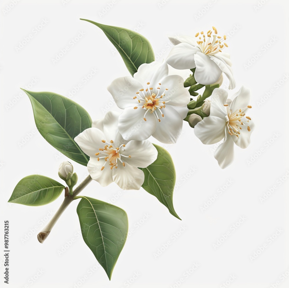 Obraz premium Delicate white flowers with green leaves on a white background.