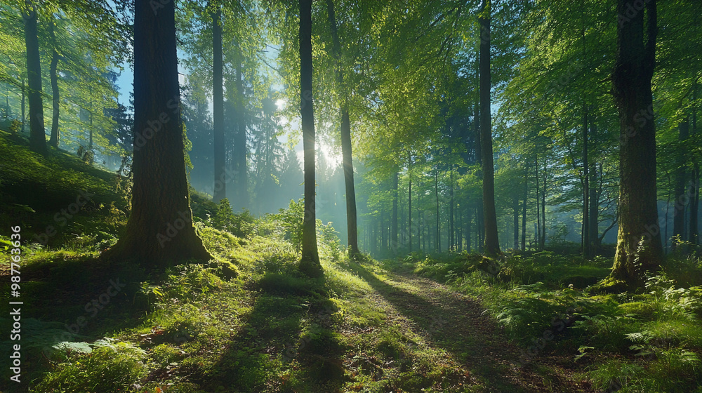 Obraz premium Sun shining through trees in forest, A serene sunlit forest with tall, green trees and lush undergrowth, bathed in the soothing light of a sunrise,