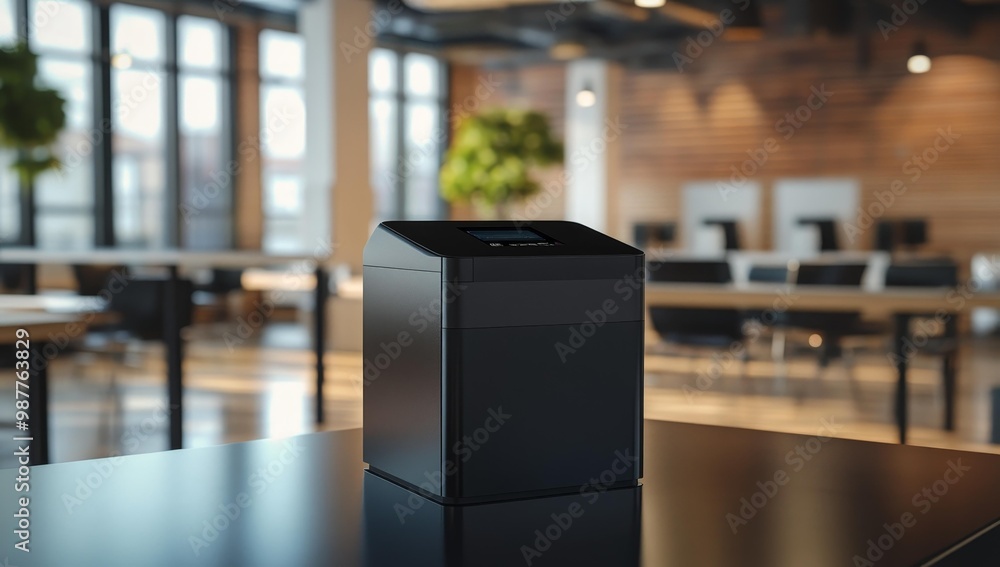 Black device on a table in a room. Black device on a table in a room.