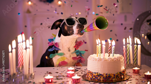 Dog Wearing Sunglasses and Blowing Party Horn at Birthday Celebration