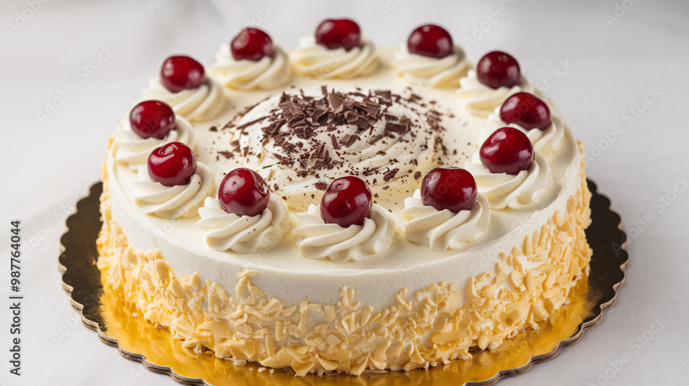 Delicious Cream Cake with Cherries and Chocolate Shavings Delicious Cream Cake with Cherries and Chocolate Shavings