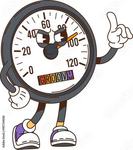 Retro groovy car speedometer character. Isolated cartoon vector fun and vibrant vehicle part personage featuring expressive face and pointing hand gesture , conveying vibes of energy and movement