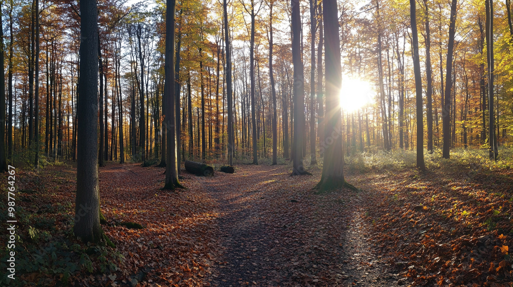 Fototapeta premium Beautiful forest panorama with bright sun shining through the trees, Pathway through the Pine Forest.