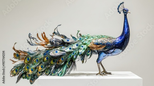 A Metallic Peacock Sculpture with a Spread Tail photo