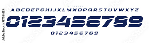 Dynamic sports typography, bold angular numbers and letters, fragmented sleek font for racing logos, sports branding, jersey numbers, team merchandise. Vector typeset