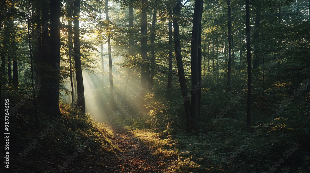Fototapeta premium Beautiful forest panorama with bright sun shining through the trees, Pathway through the Pine Forest.