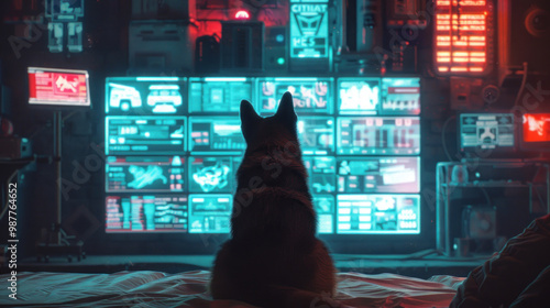 Dogs organizing glowing campaign boards, creating futuristic strategies with every touch of their paws