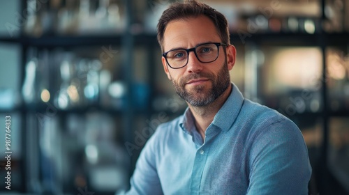 Portrait of a Man in a Blue Shirt Wearing Glasses