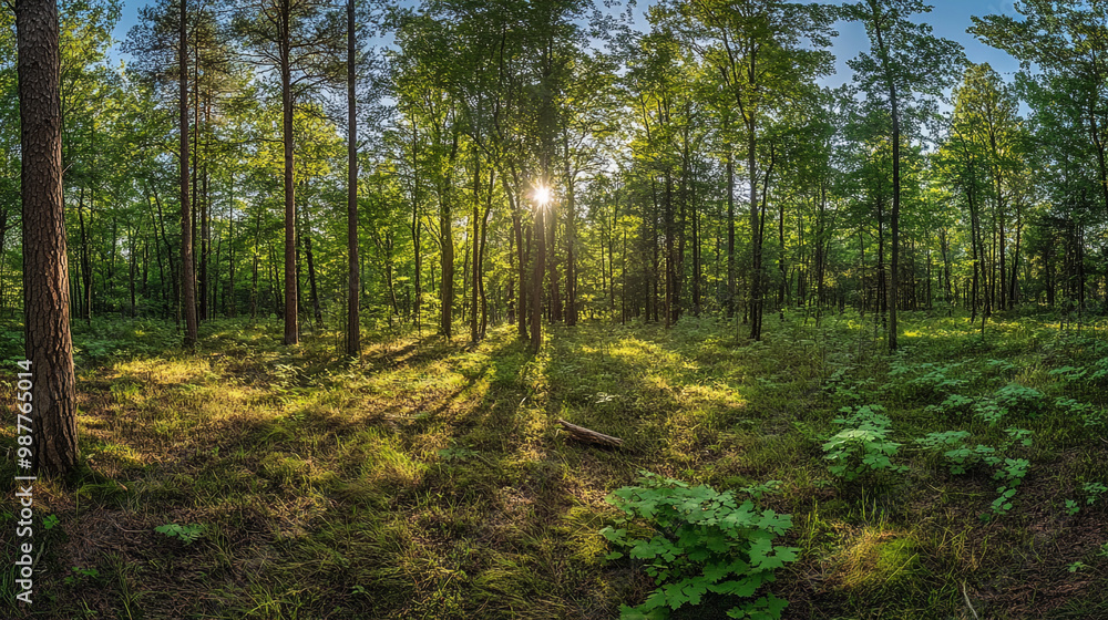 Fototapeta premium Experience a Breathtaking View of a Magical Forest with Tall Trees and Soft Early Morning Light, Sunlight peeks through a lush, green forest, casting long shadows and creating a serene.