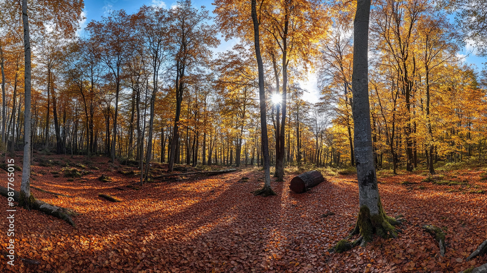 Fototapeta premium Experience a Breathtaking View of a Magical Forest with Tall Trees and Soft Early Morning Light, Sunlight peeks through a lush, green forest, casting long shadows and creating a serene.