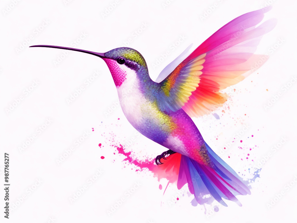 Obraz premium A vibrant hummingbird, captured mid-flight, dominates the composition against a stark white background.