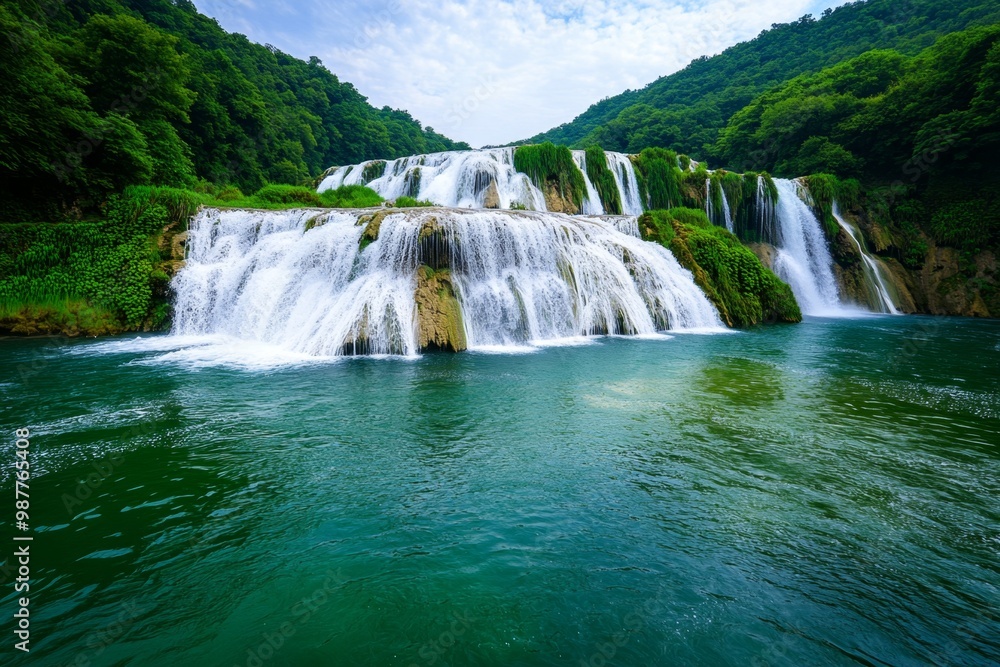 Naklejka premium A stunning view of cascading waterfalls, with water flowing down multiple tiers in a lush, green forest