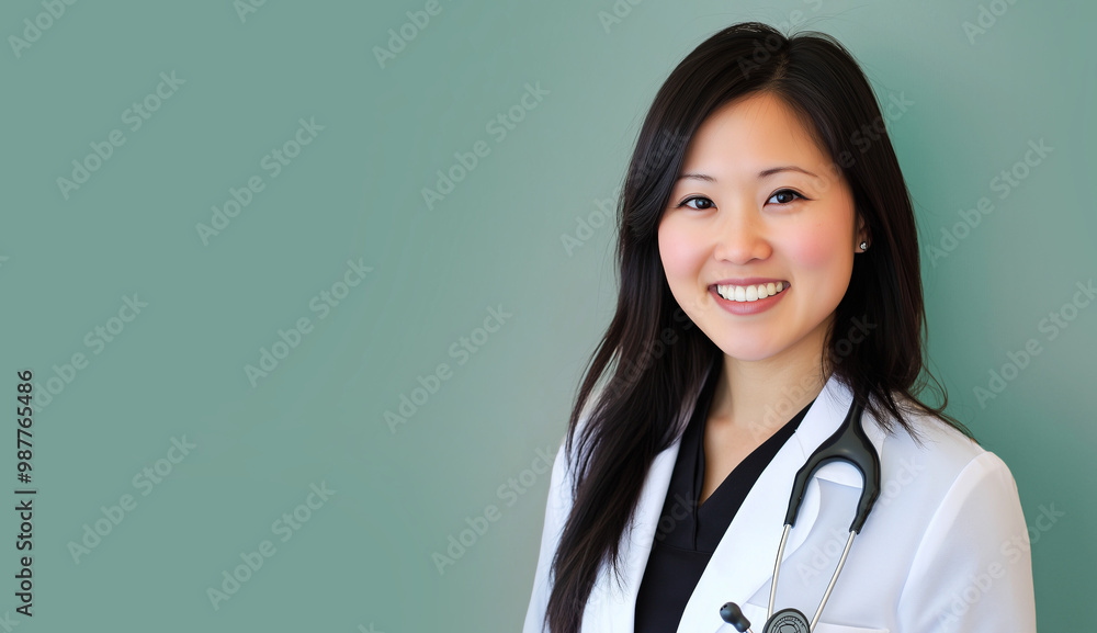 An asian female doctor isolated against a green blue medical colored background. A portrait of a physician or nurse with long hair and a stethoscope - natural light and shadow An asian female doctor isolated against a green blue medical colored background. A portrait of a physician or nurse with long hair and a stethoscope - natural light and shadow