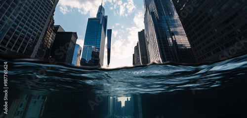 sea level rise floods a modern major city - a half submerged camera view of skyscrapers - a representation of climate change, flooding and environmental impact on urban areas photo