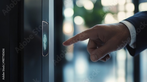 UHD stock photography, extremly realistic, 8K resolution, natural sun lighting during midday, professional, extremely detailed, Closeup of a sophisticated biometric fingerprint scanner at the entrance