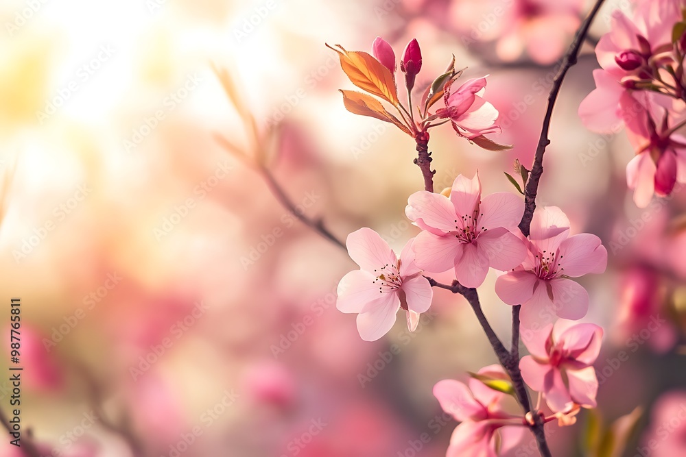 Pink cherry blossom flowers blooming in springtime with warm sunshine. Beautiful floral background for spring and summer design Pink cherry blossom flowers blooming in springtime with warm sunshine. Beautiful floral background for spring and summer design