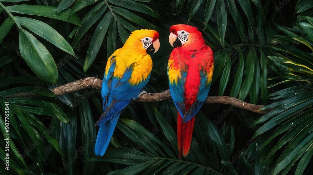 Tropical rainforest canopy with vibrant birds perched on branches, wildlife below moving quietly Tropical rainforest canopy with vibrant birds perched on branches, wildlife below moving quietly