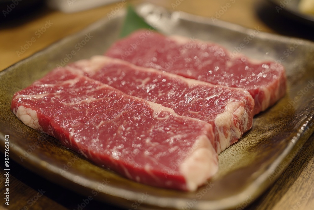 Fresh raw beef slices laid out on a plate Fresh raw beef slices laid out on a plate
