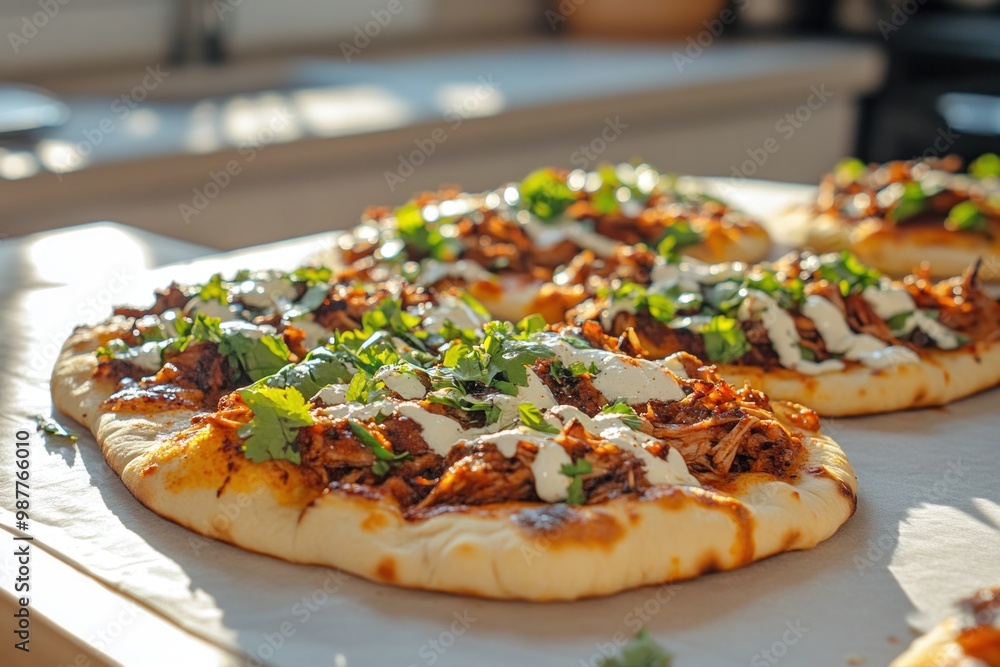 © Minerva Studio - Delicious flatbread pizza garnished with fresh herbs and white sauce on wooden kitchen table