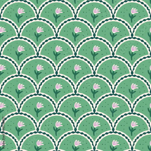 Flowers scallop seamless pattern. Simple floral repeat background. Vector hand drawn flat illustration.