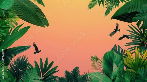 Monkeys swinging from tree to tree in a vibrant jungle canopy, birds soaring through the lush environment