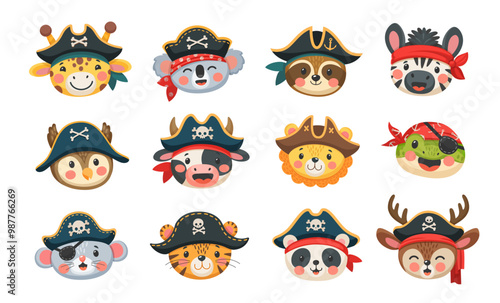 Cartoon animal pirates, filibusters, corsairs and captain sailor characters, vector funny faces. Caribbean pirates of zoo animals in tricorne hat with Jolly Roger skull crossbones or corsair eyepatch