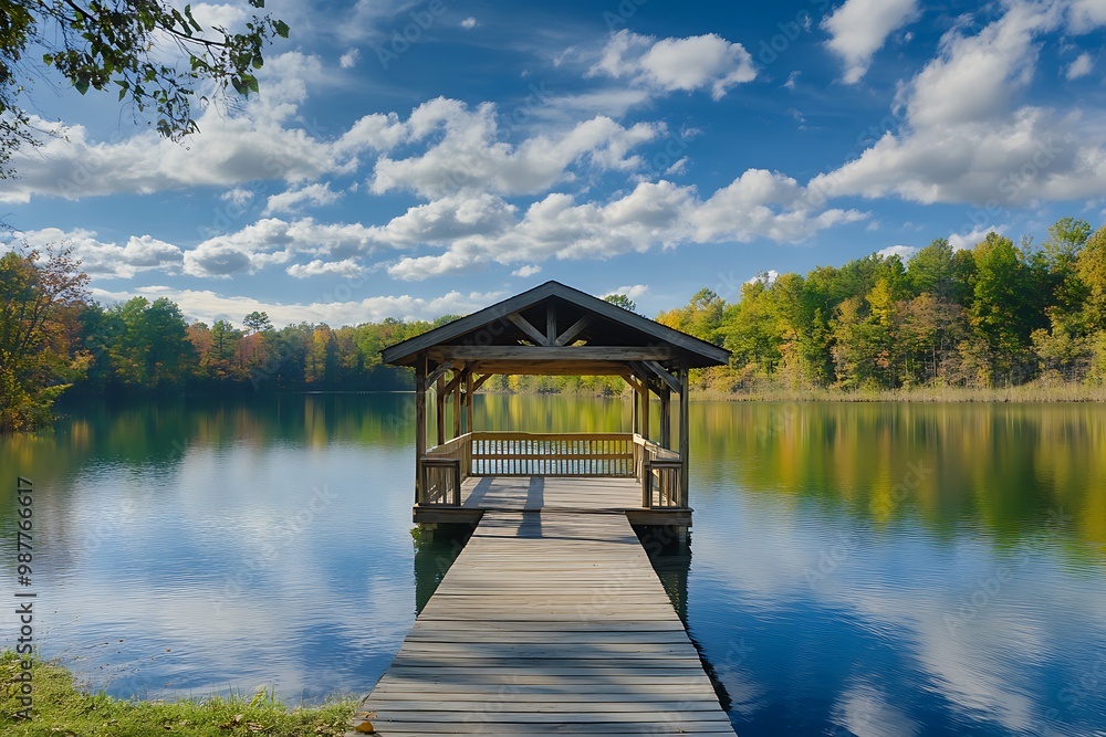 Wooden Gazebo on a Lake Dock with Blue Sky and White Clouds Wooden Gazebo on a Lake Dock with Blue Sky and White Clouds