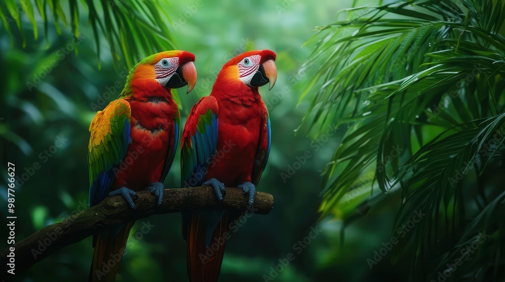Obraz premium Tropical rainforest canopy with vibrant birds perched on branches, wildlife below moving quietly
