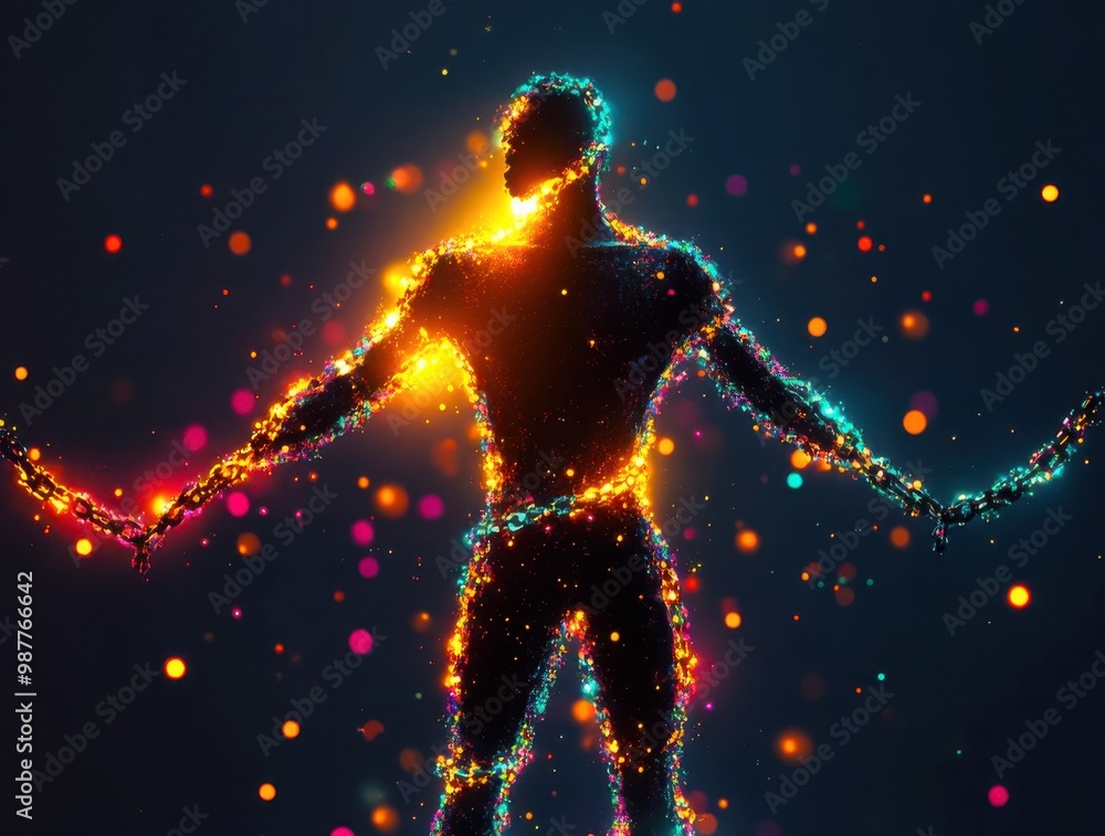 A luminous figure stands in a dynamic pose, surrounded by glowing particles, creating an ethereal, energetic atmosphere. A luminous figure stands in a dynamic pose, surrounded by glowing particles, creating an ethereal, energetic atmosphere.