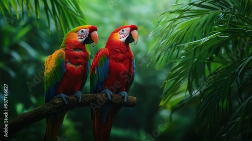 Tropical rainforest canopy with vibrant birds perched on branches, wildlife below moving quietly