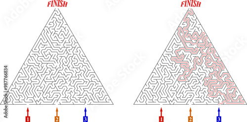 Advanced triangular labyrinth with three entrances and only one way to finish. Find the right way and reach the exit of the maze. Mental educational game template with clue. Vector illustration