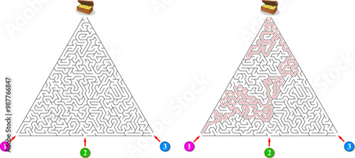 Advanced triangular labyrinth with three entrances and only one way to finish. Find the right way and reach the exit of the maze. Mental educational game template with clue. Vector illustration