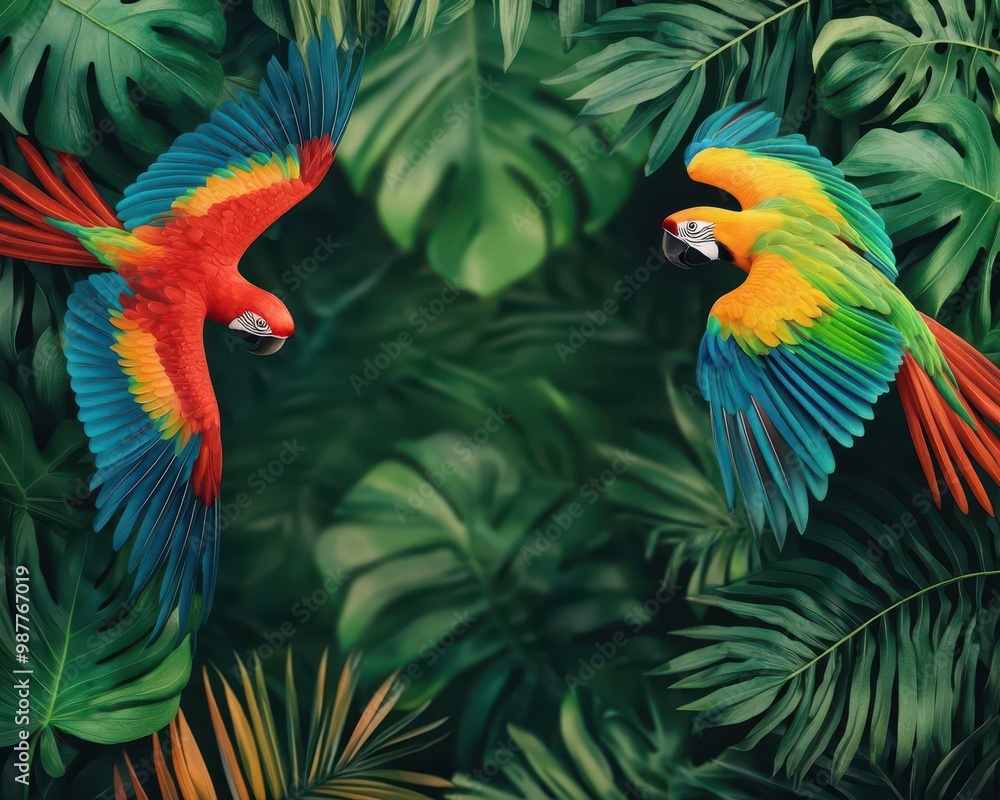 Obraz premium Tropical canopy with vibrant birds flying, wildlife below thriving, a peaceful and lush nature scene