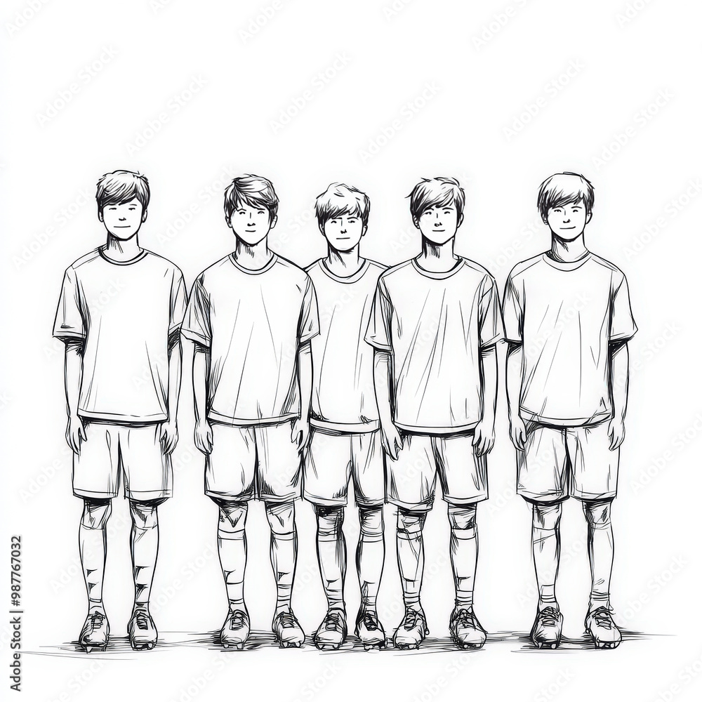 Five Football Players in a Line Sketch Illustration