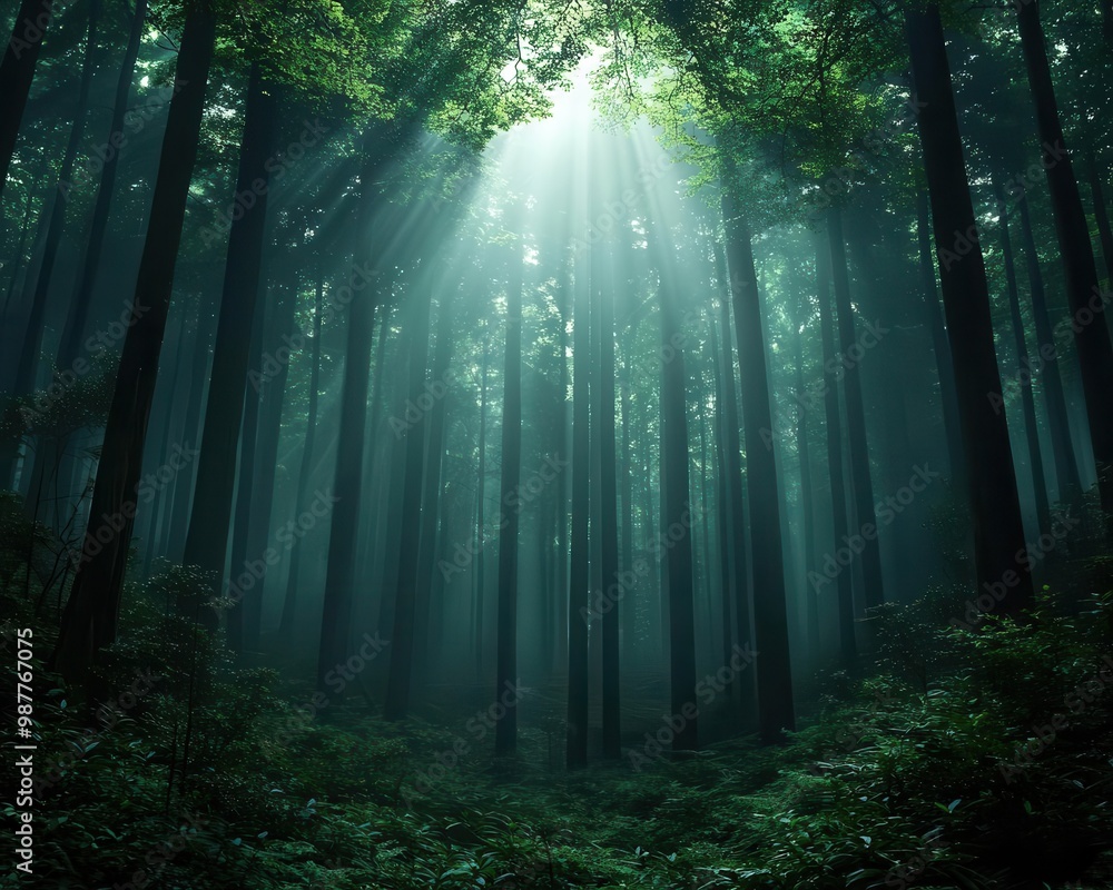 Obraz premium Misty forest with towering trees, sunlight breaking through the canopy, wildlife peeking through the underbrush