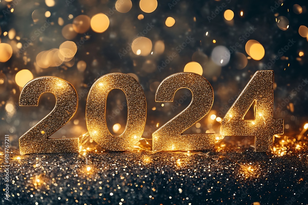 Sparkling New Year 2024 numbers and festive background creating a vibrant celebration atmosphere Sparkling New Year 2024 numbers and festive background creating a vibrant celebration atmosphere