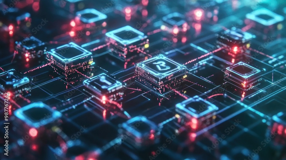 Abstract futuristic glowing digital circuit board with red and blue lights Abstract futuristic glowing digital circuit board with red and blue lights
