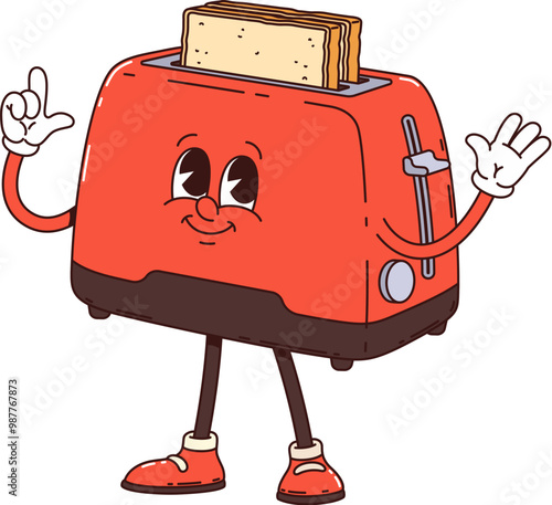 Toaster retro groovy breakfast character with a smiling face, fried toast slice popping out and red color, pointing with a hand. Isolated cartoon vector toaster nostalgic kitchen appliance personage